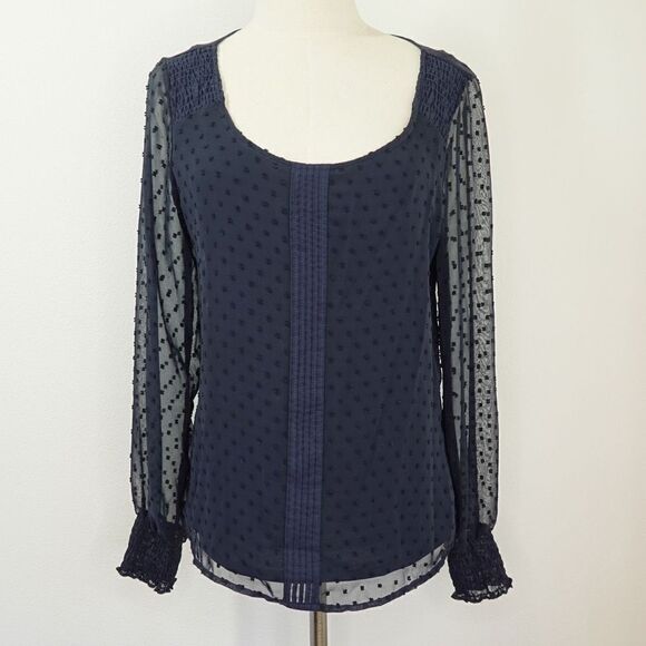 LC Lauren Conrad Swiss Dot Semi Sheer Long Sleeve Blouse Navy Size S - Picture 1 of 11